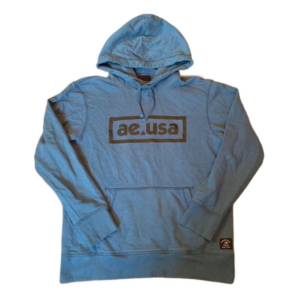 Y2K American Eagle Blue Graphic Pullover Hoodie AE USA Spellout Mens Medium